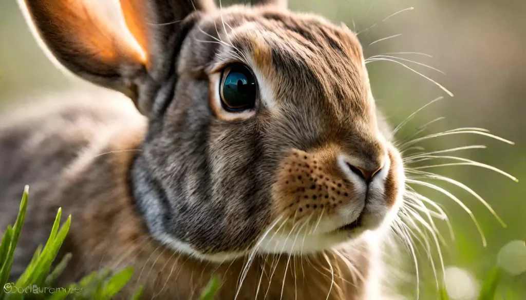 A gray and brown rabbit with big eyes staring