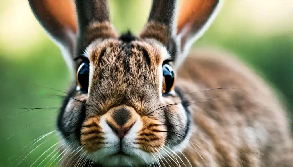 Brown rabbit with an anxious look staring forward with its eyes wide open