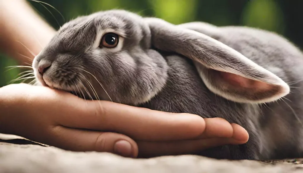 Gray rabbit laying down on a human hand
