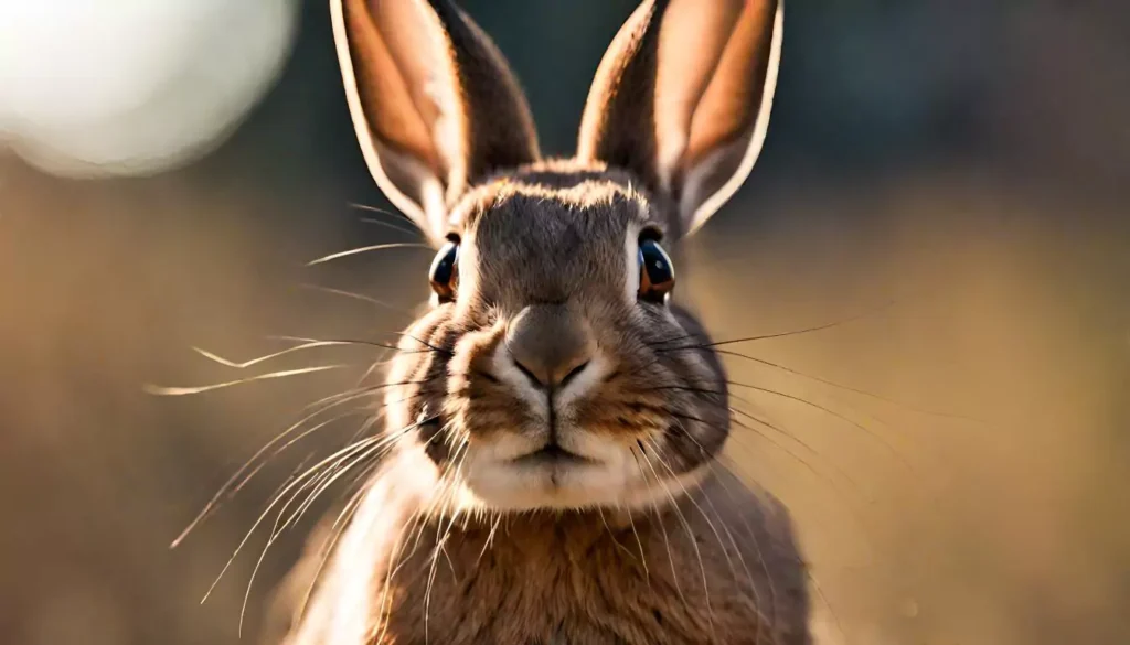 Brown rabbit staring forward with its ears standing tall