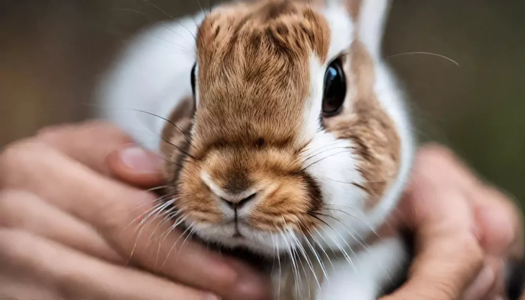 A brown and white rabbit within human hands
