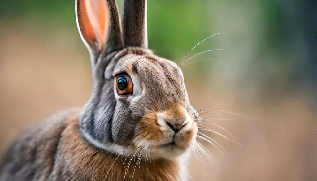 Grey rabbit with a playful look outdoor